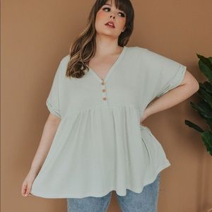 Waffle Knit Babydoll Top in Sage
